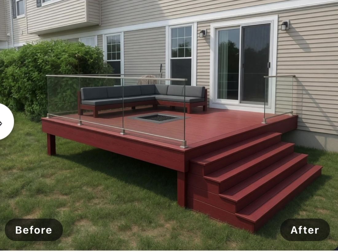 Before and after AI deck render on a real backyard