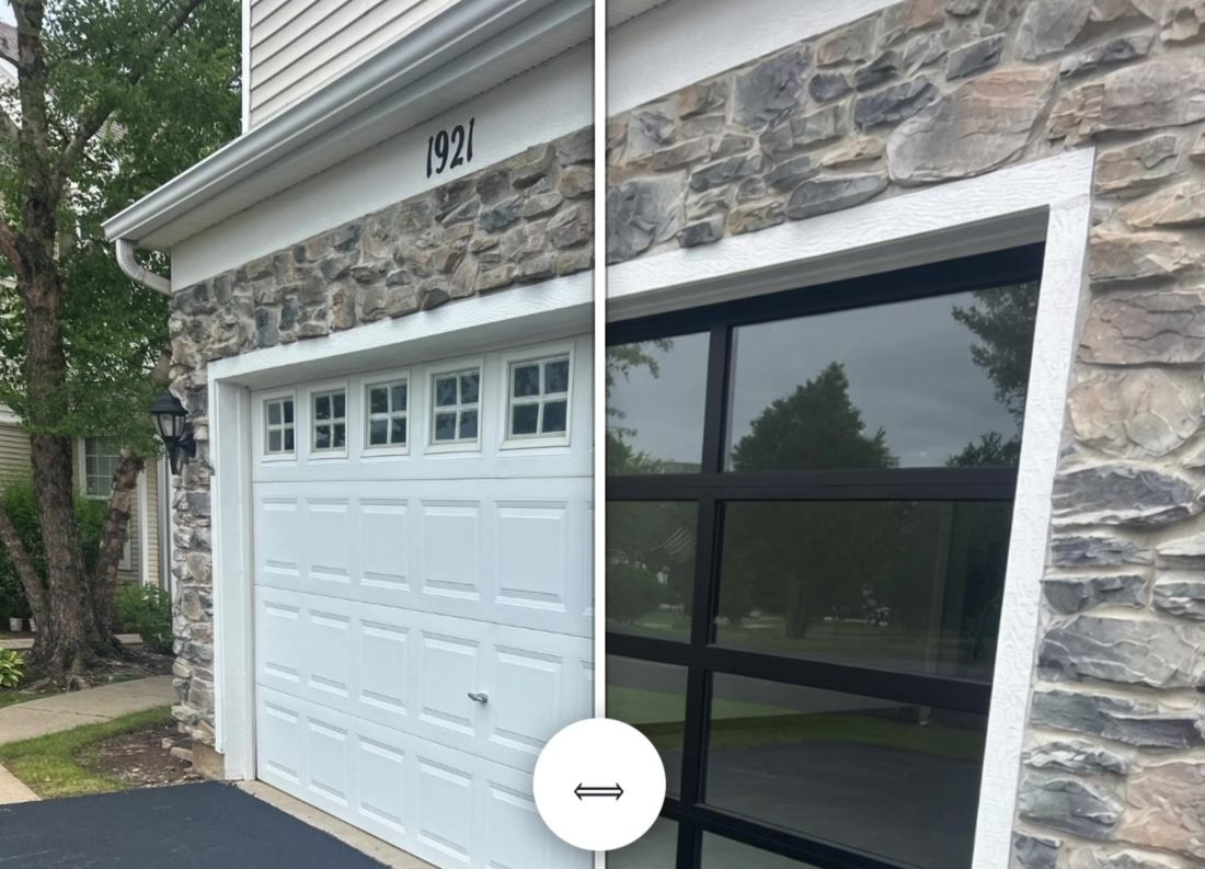 Before and after AI garage door render on a real home