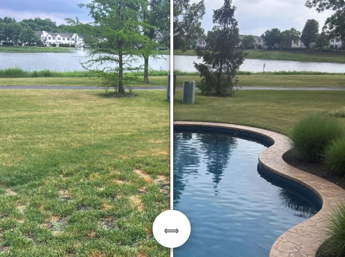 Before and after AI in-ground pool render on a real yard